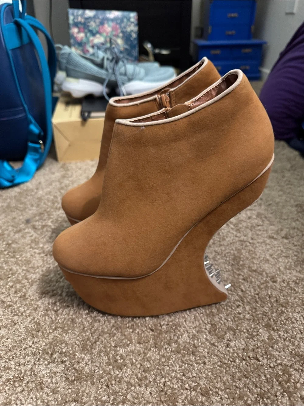 Bumper Tan Suede Wedge Ankle Boots with Sculptural Studded Spiked Cutout Heel
